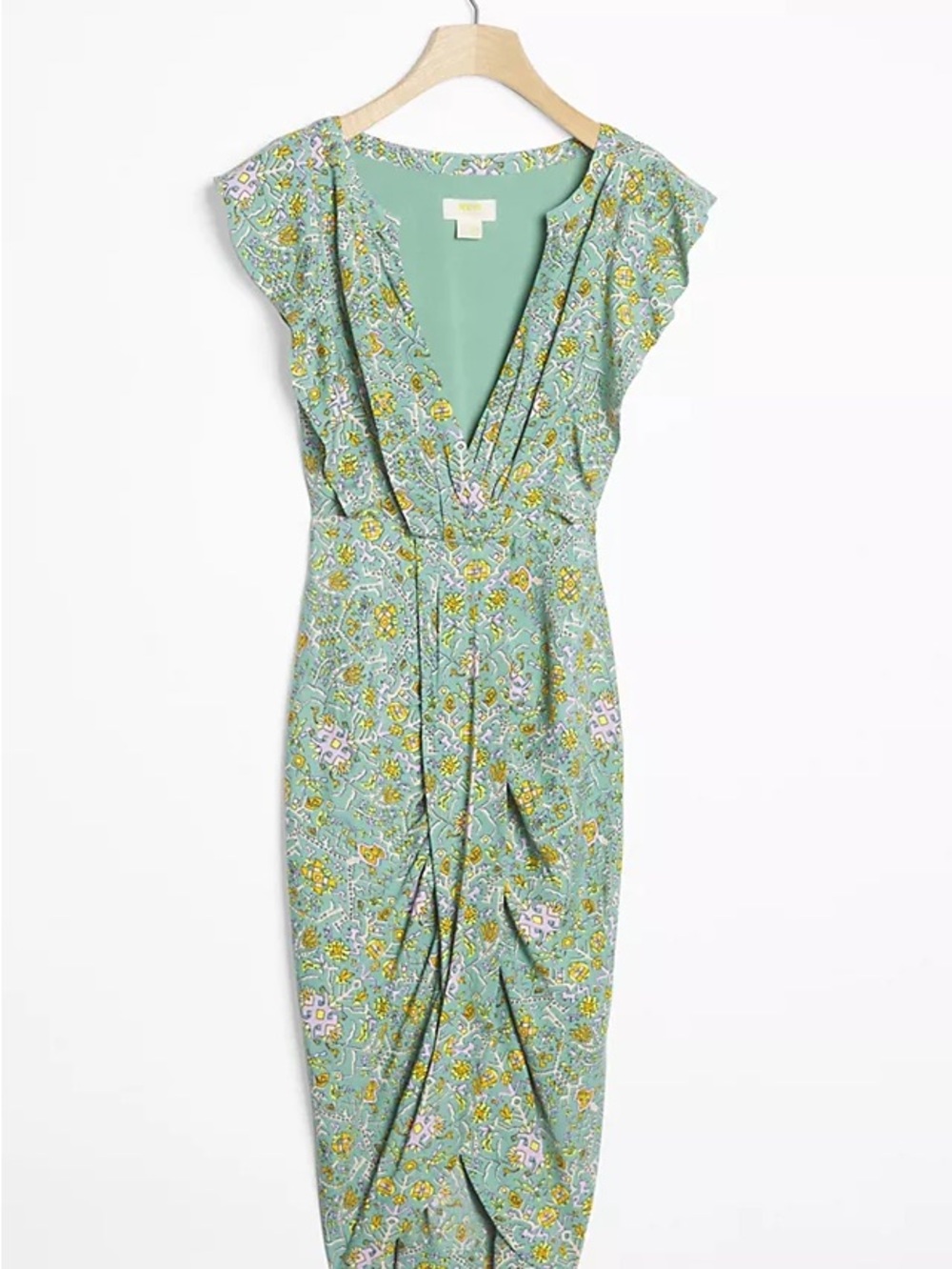 Maeve (Anthropologie) Green Floral Wrap-Style Midi Dress